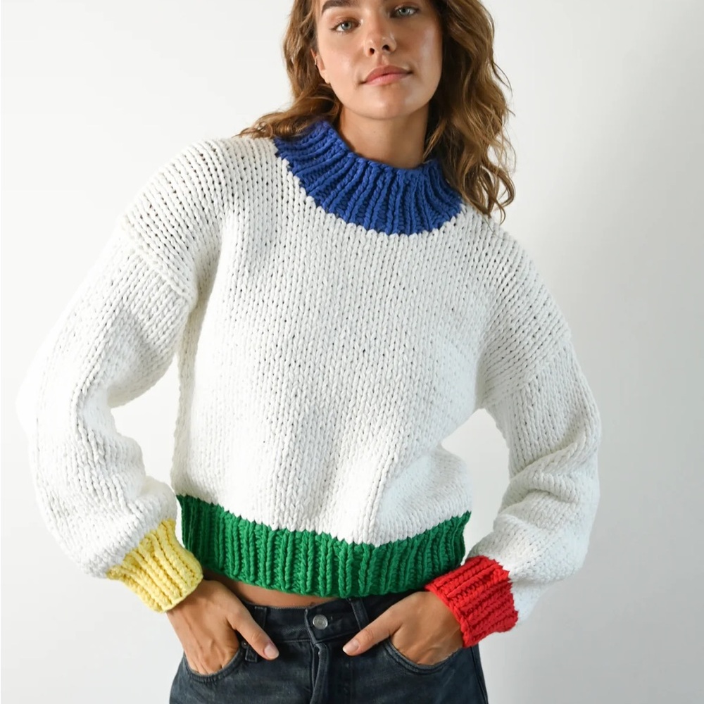 Zora sweater. Blue and White Turtleneck Sweater with Chunky Knit